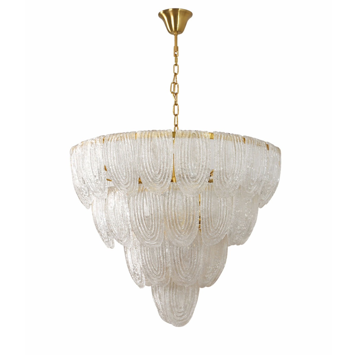 Layered glass petal chandelier with cascading textured glass petals and gold hardware, isolated on a plain white background.