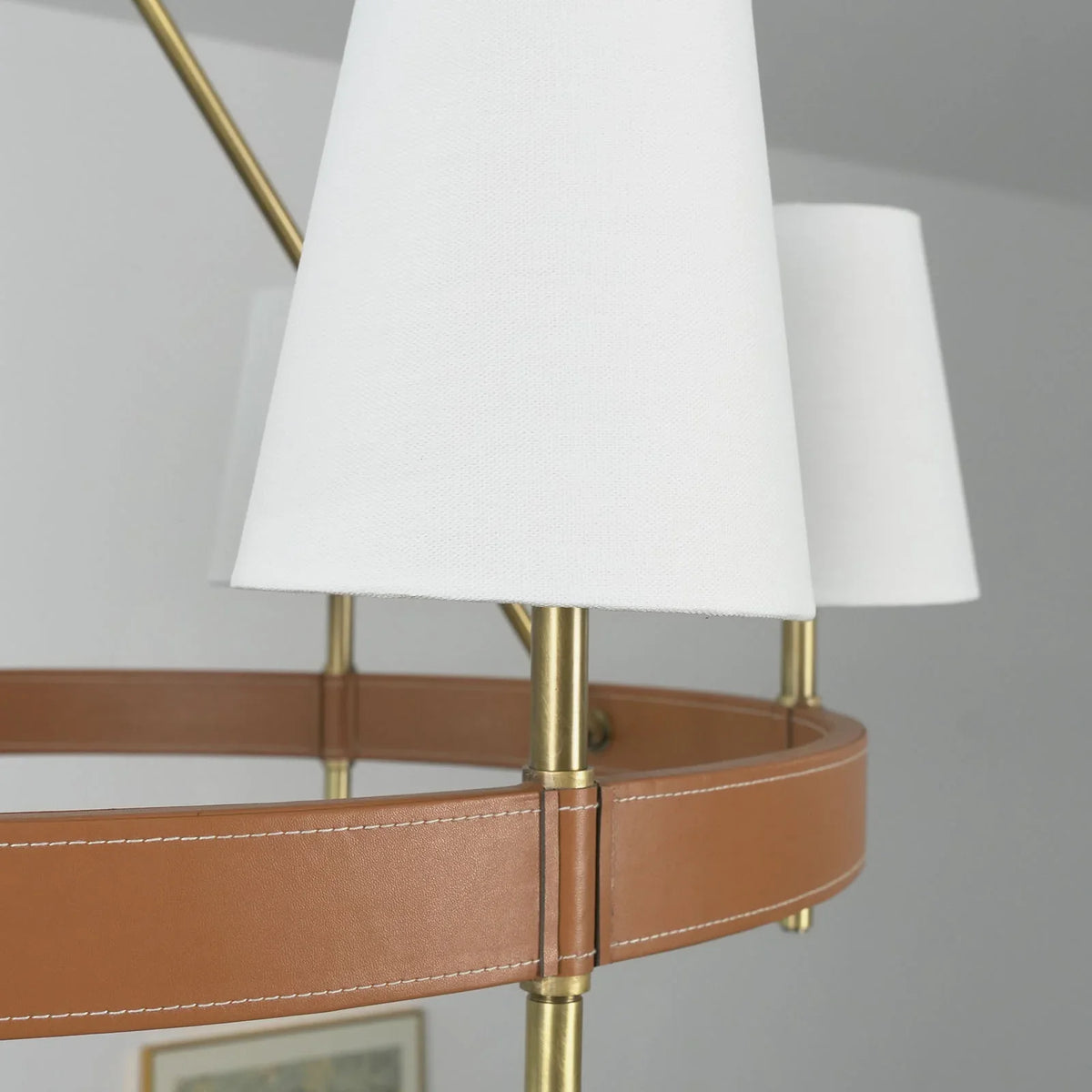 Leather Halo Ring Chandelier in a bedroom with floral wallpaper