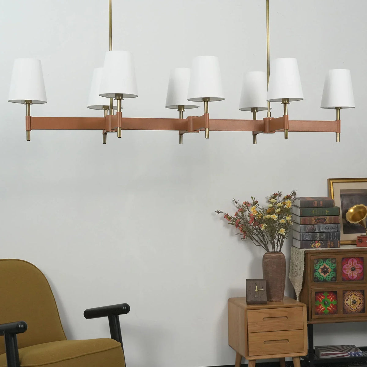 Side view of the linear Leather Halo Ring Chandelier showing the leather strap design