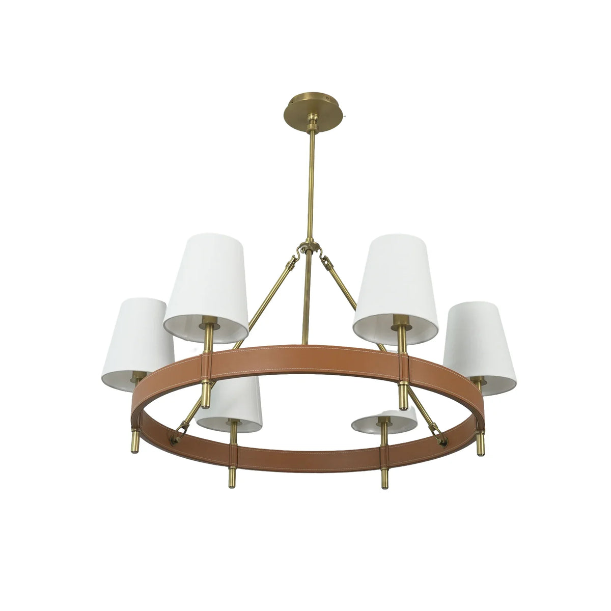 Leather Halo Ring Chandelier with brass hardware, brown leather ring, and white fabric shades, on white background