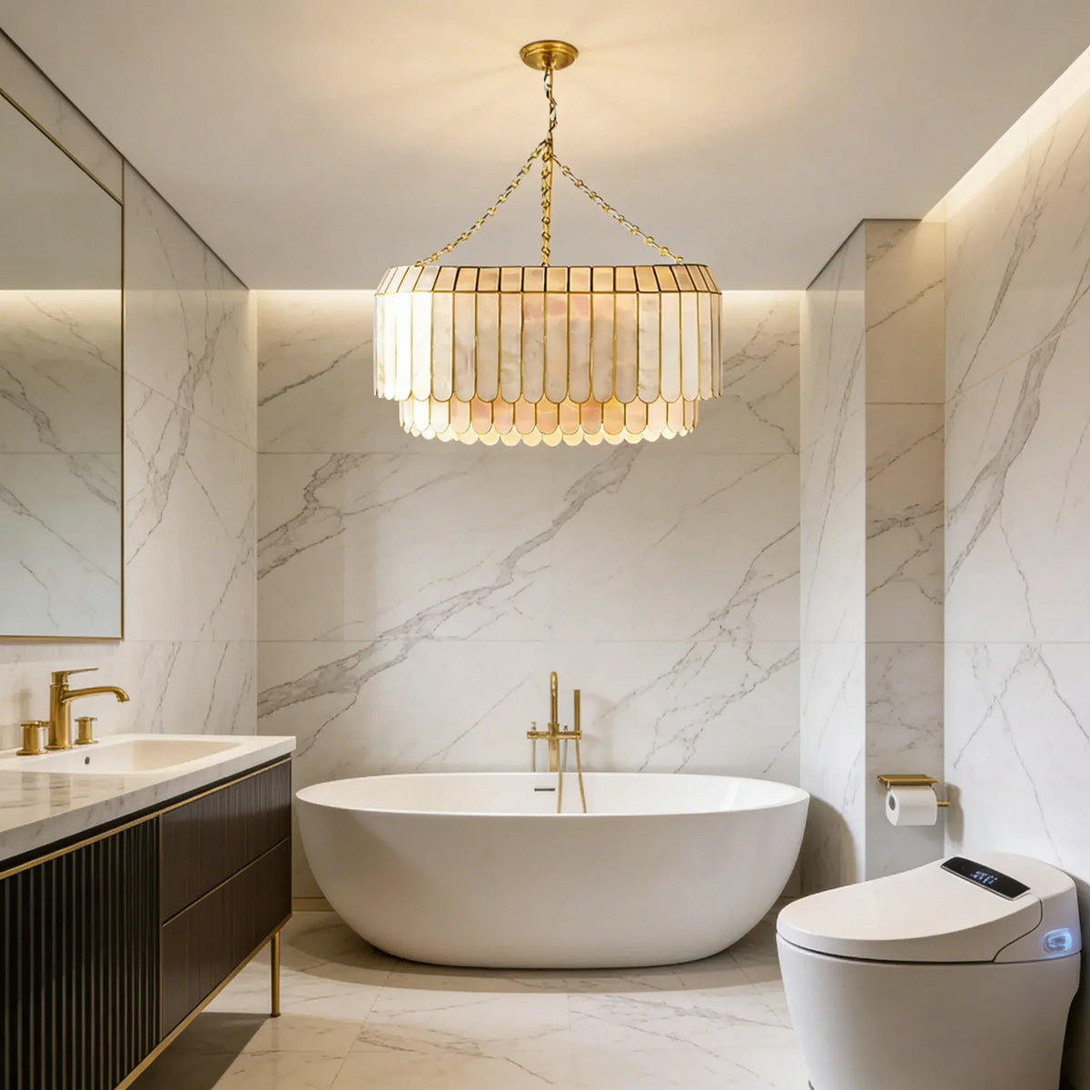 Light Luxury Shell Chandelier in a modern bathroom with marble walls and bathtub