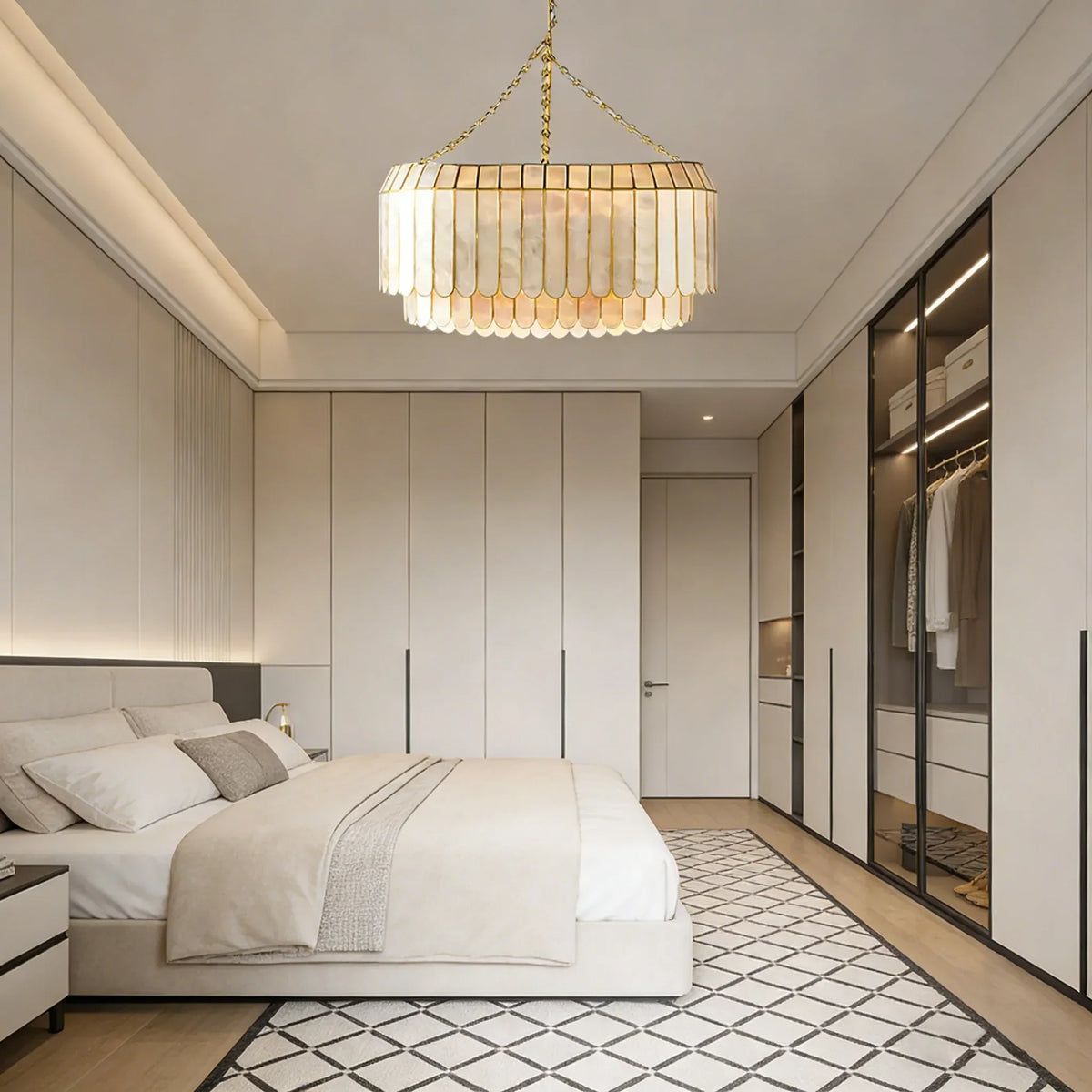 Light Luxury Shell Chandelier in a minimalist bedroom with light wood furniture