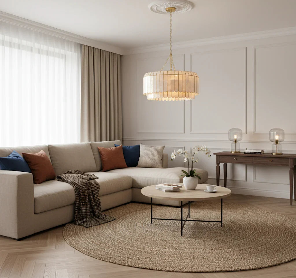 Light Luxury Shell Chandelier in a modern living room with sofa and coffee table