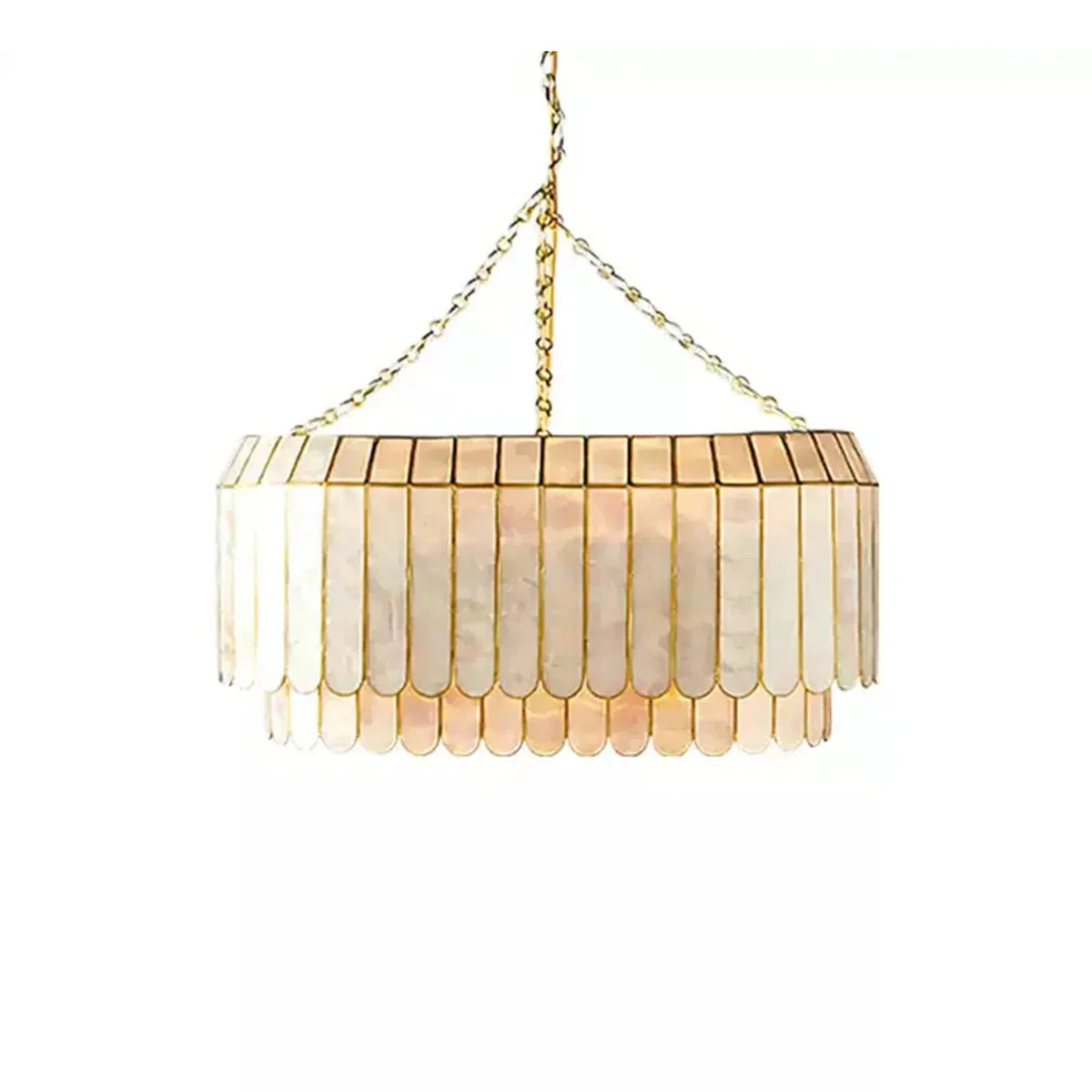 Light Luxury Shell Chandelier with capiz shell panels and gold frame, on white background
