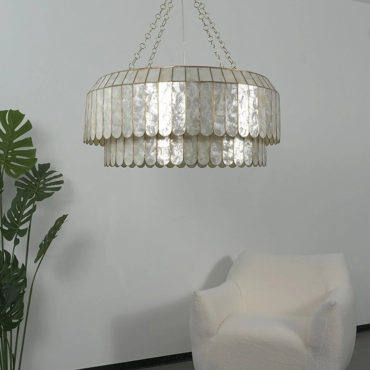 Small size Light Luxury Shell Chandelier in a minimalist white room with plants