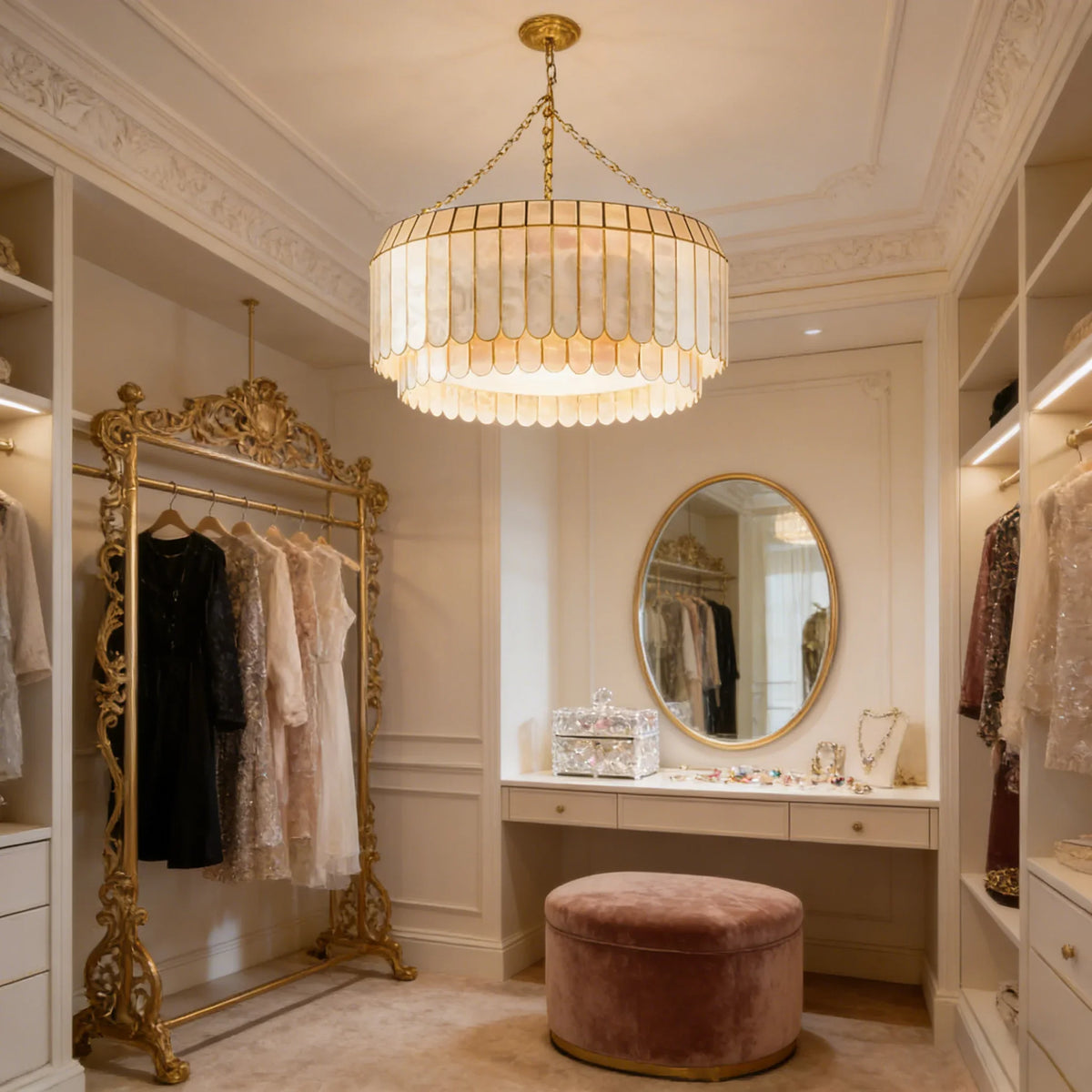 Light Luxury Shell Chandelier in a spacious walk-in closet with gold decor