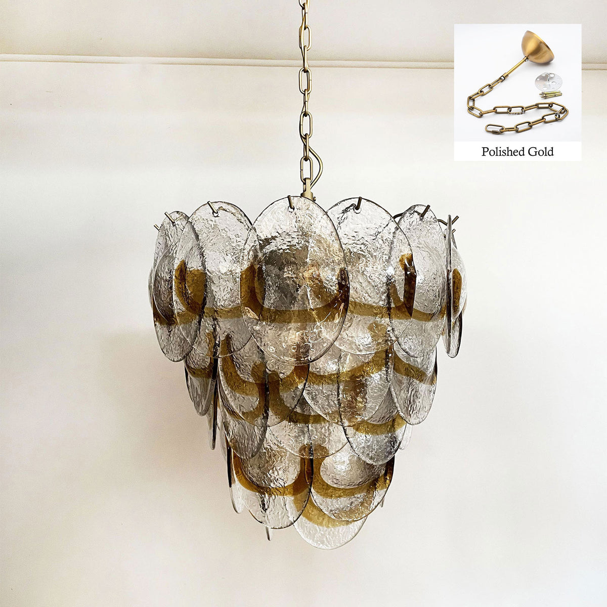 Front view of the Mazzega-style glass chandelier against a plain white background, showing its full cascading design.