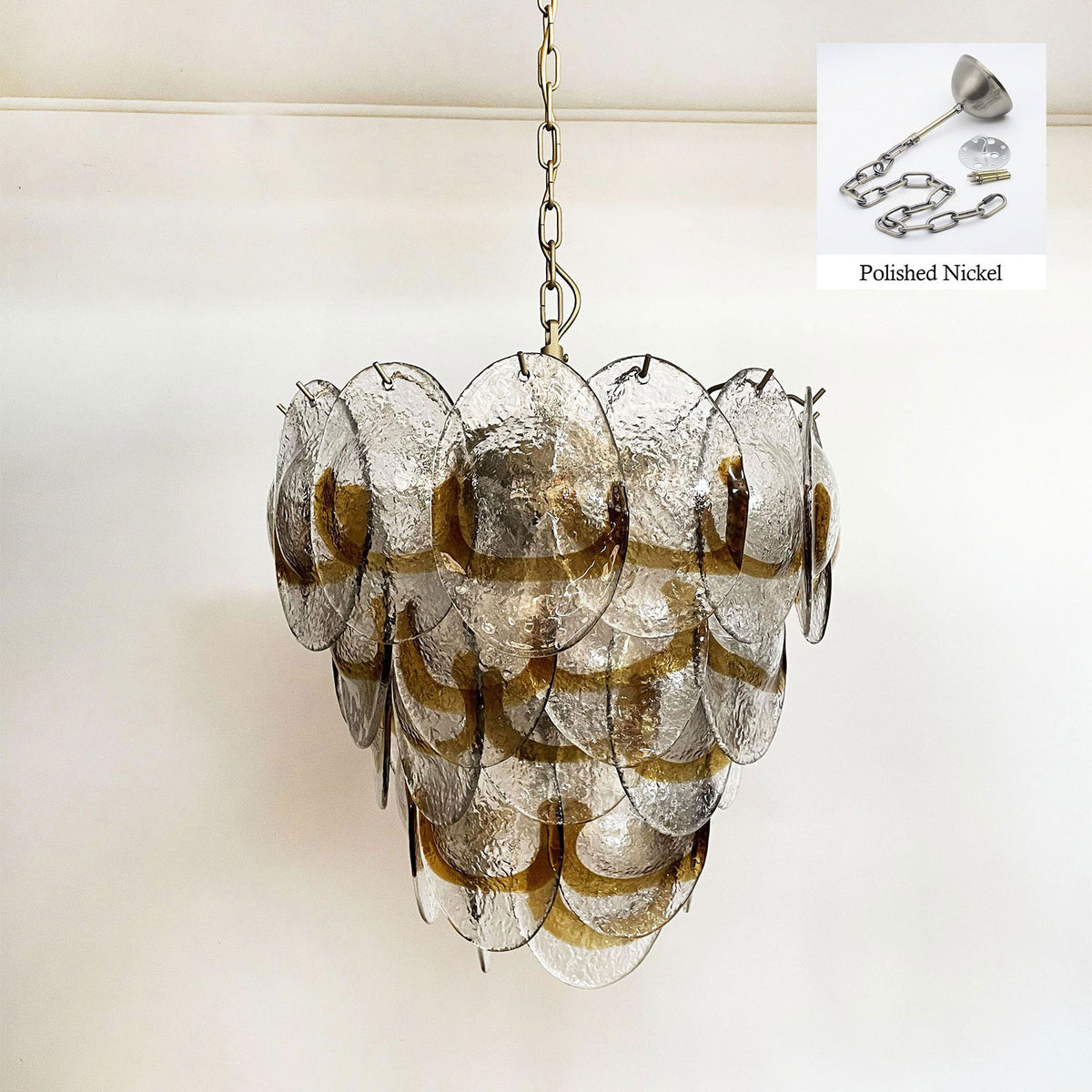 Polished gold hardware kit for the Mazzega-style glass chandelier, including chain and ceiling mount.
