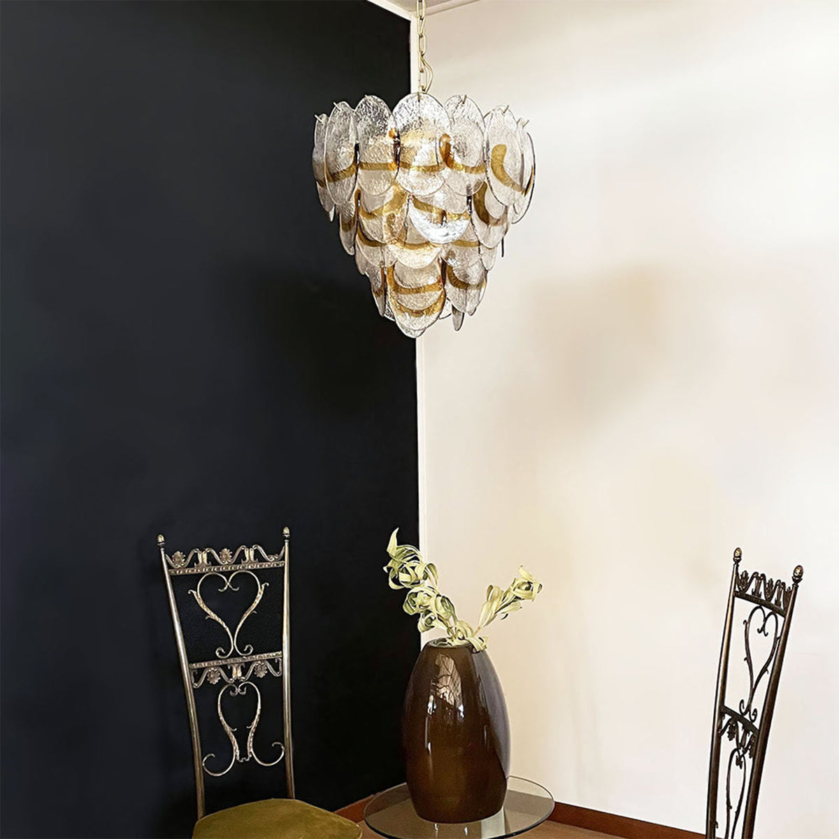 Polished nickel hardware kit for the Mazzega-style glass chandelier, including chain and ceiling mount.
