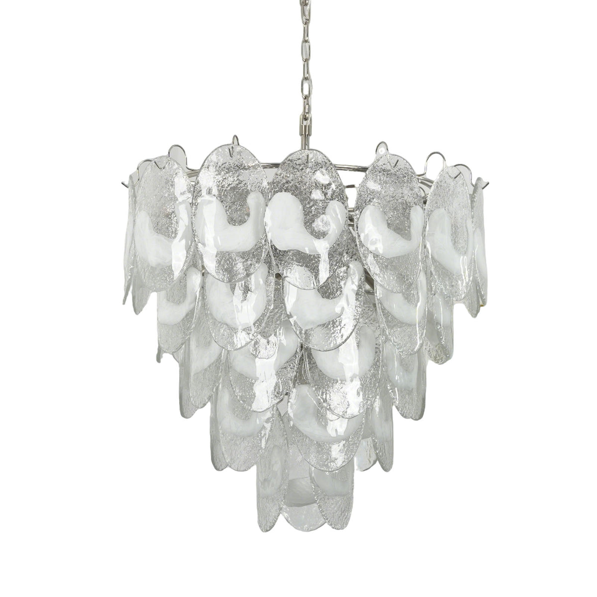 Mazzega-style tiered chandelier with textured transparent white glass discs and silver hardware, isolated on a plain white background.