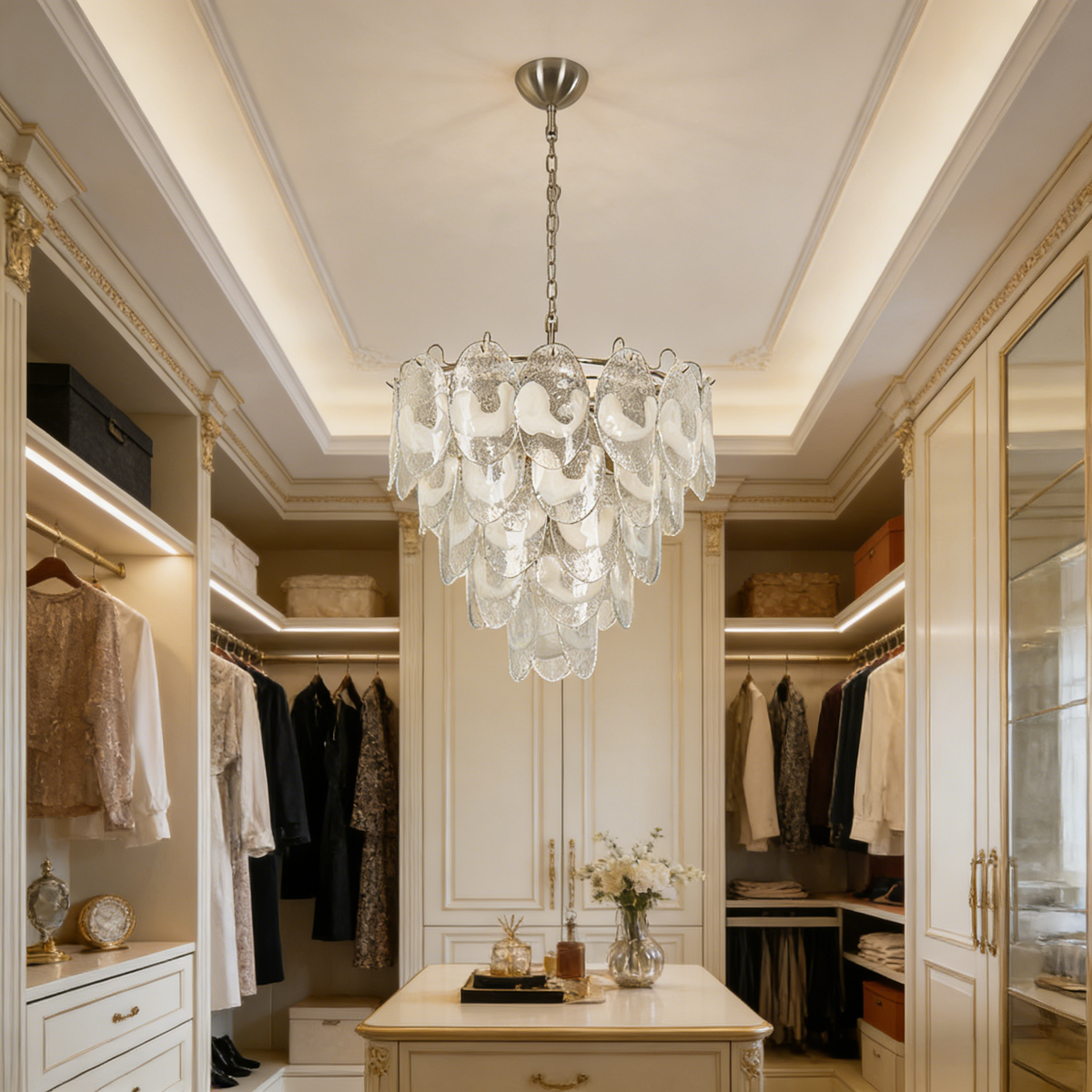 Mazzega-style white glass chandelier in a classic living room with dark wood furniture and warm decor