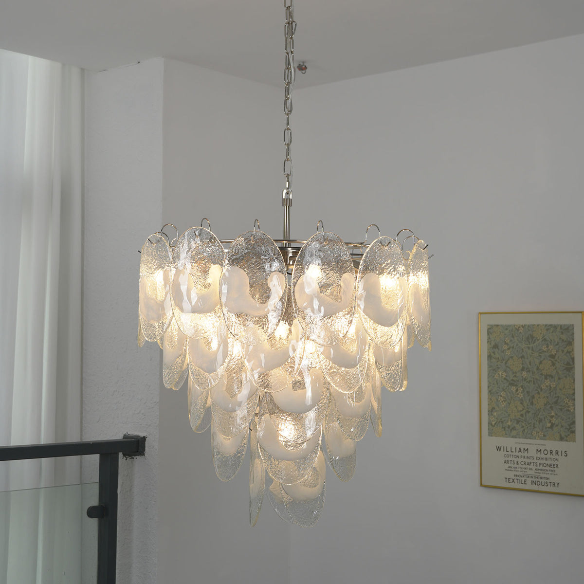 Close-up of the textured surface on the transparent white glass discs of the Mazzega-style chandelier.