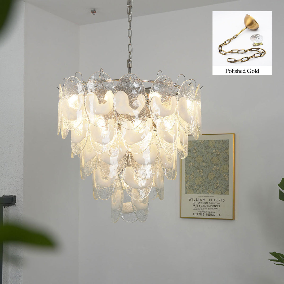 Close-up of the frosted texture on the transparent white glass discs of the Mazzega-style chandelier.