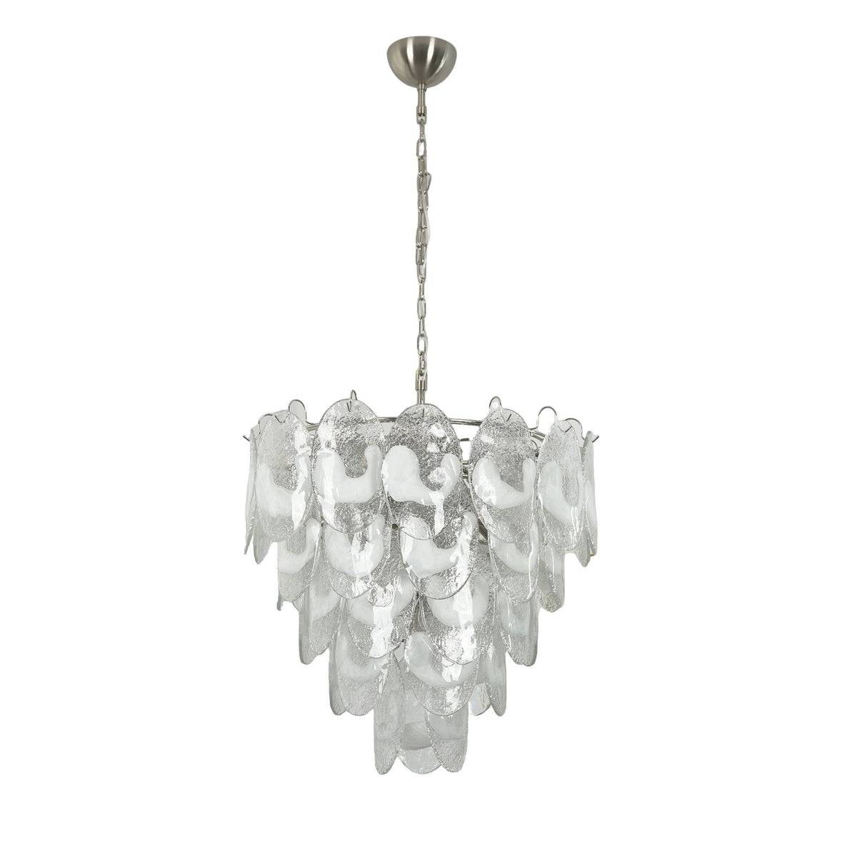Mazzega-style white glass chandelier with polished gold hardware, isolated on a plain white background.