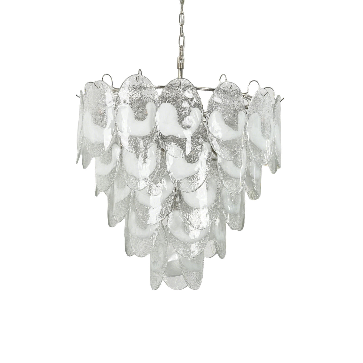 Mazzega-style white glass chandelier with polished nickel hardware, isolated on a plain white background.