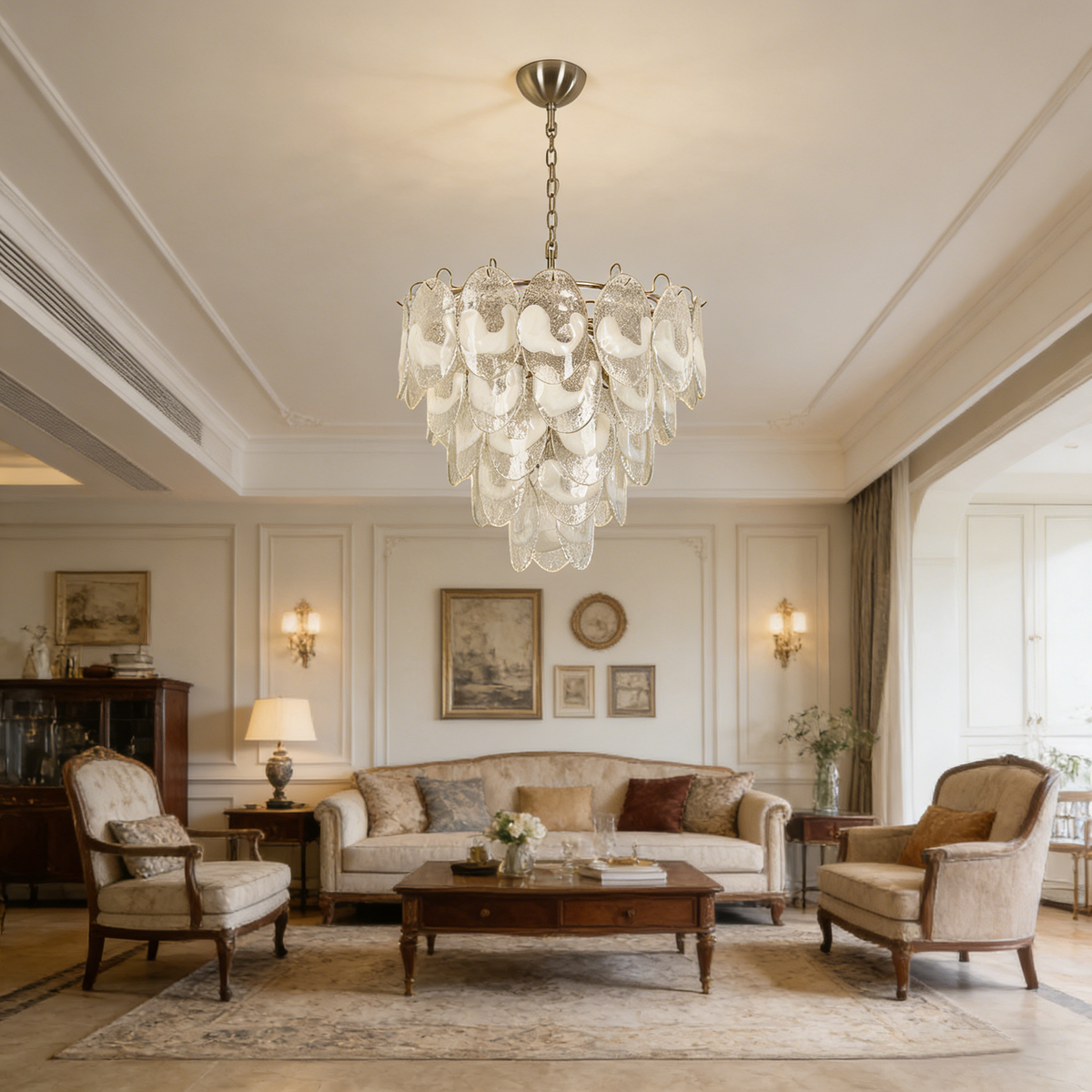 Mazzega-style white glass chandelier hanging above a wooden dining table with upholstered chairs.