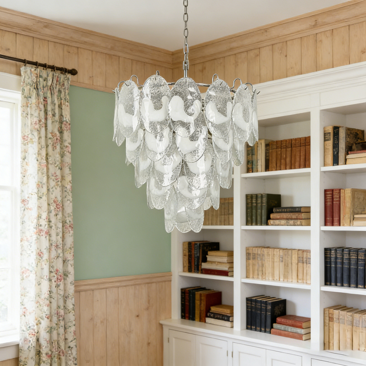 Mazzega-style white glass chandelier hanging in a bright walk-in closet with built-in cabinetry.