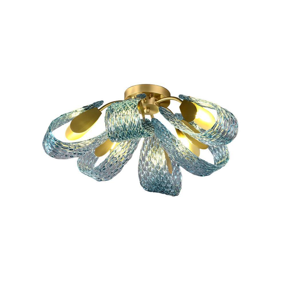 Petal-shaped blue glass ceiling light with textured wavy glass and brass frame, isolated on a plain white background.