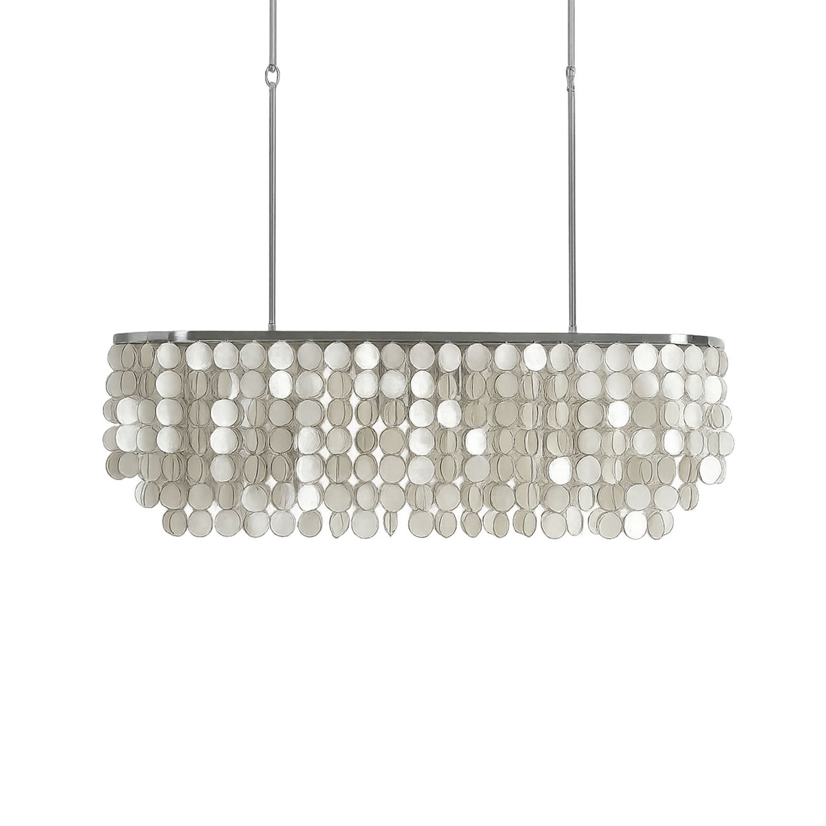 Rectangular capiz shell chandelier with cascading natural shell discs, isolated on a plain white background.