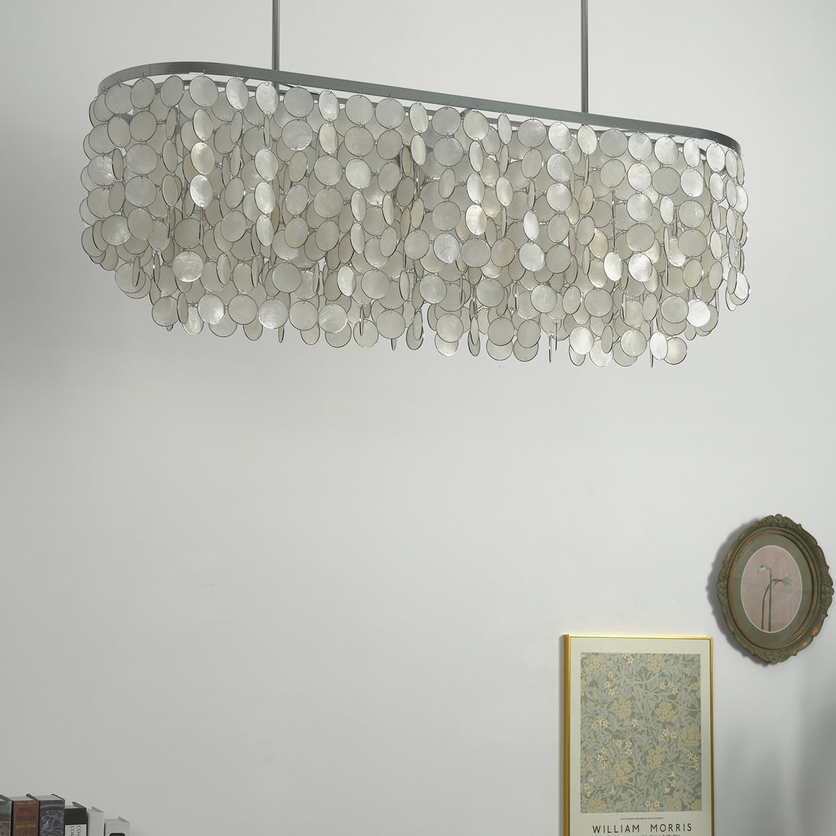 Side view of the rectangular capiz shell chandelier, isolated on a white background to show its full silhouette.