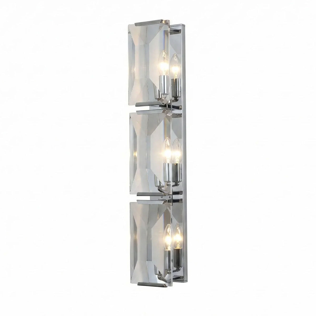 Close-up of the black frame and crystal panels on the single-headed wall lamp.