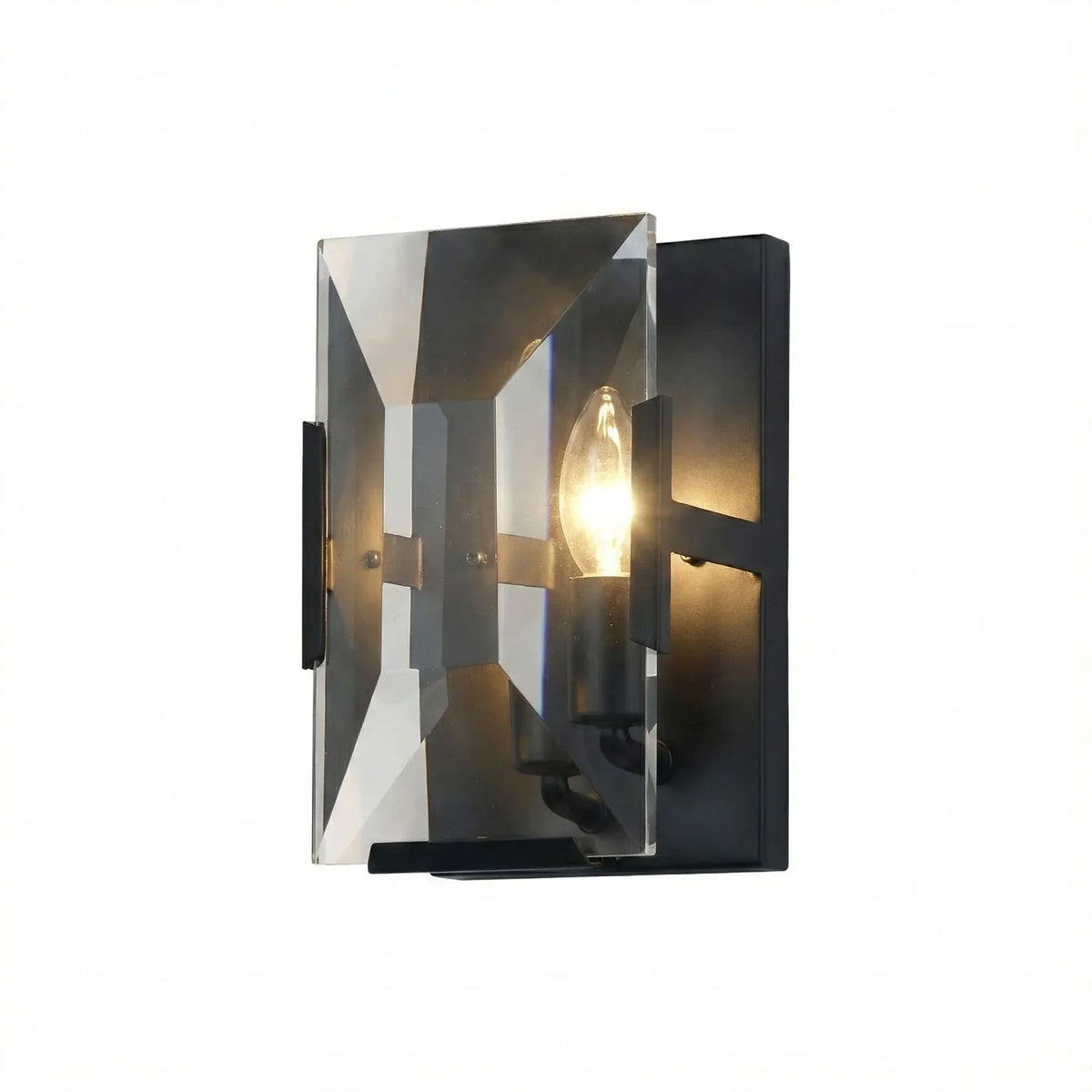 Close-up of the lit single-headed crystal wall lamp with black frame, showing light through the crystals.