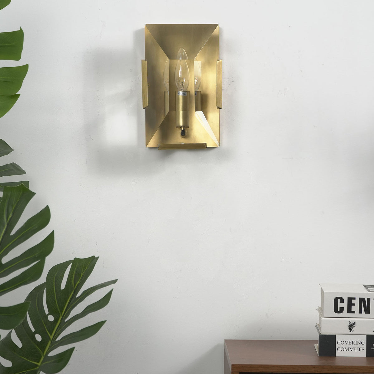 Close-up of a single-headed crystal wall lamp on a white wall with green plants nearby.