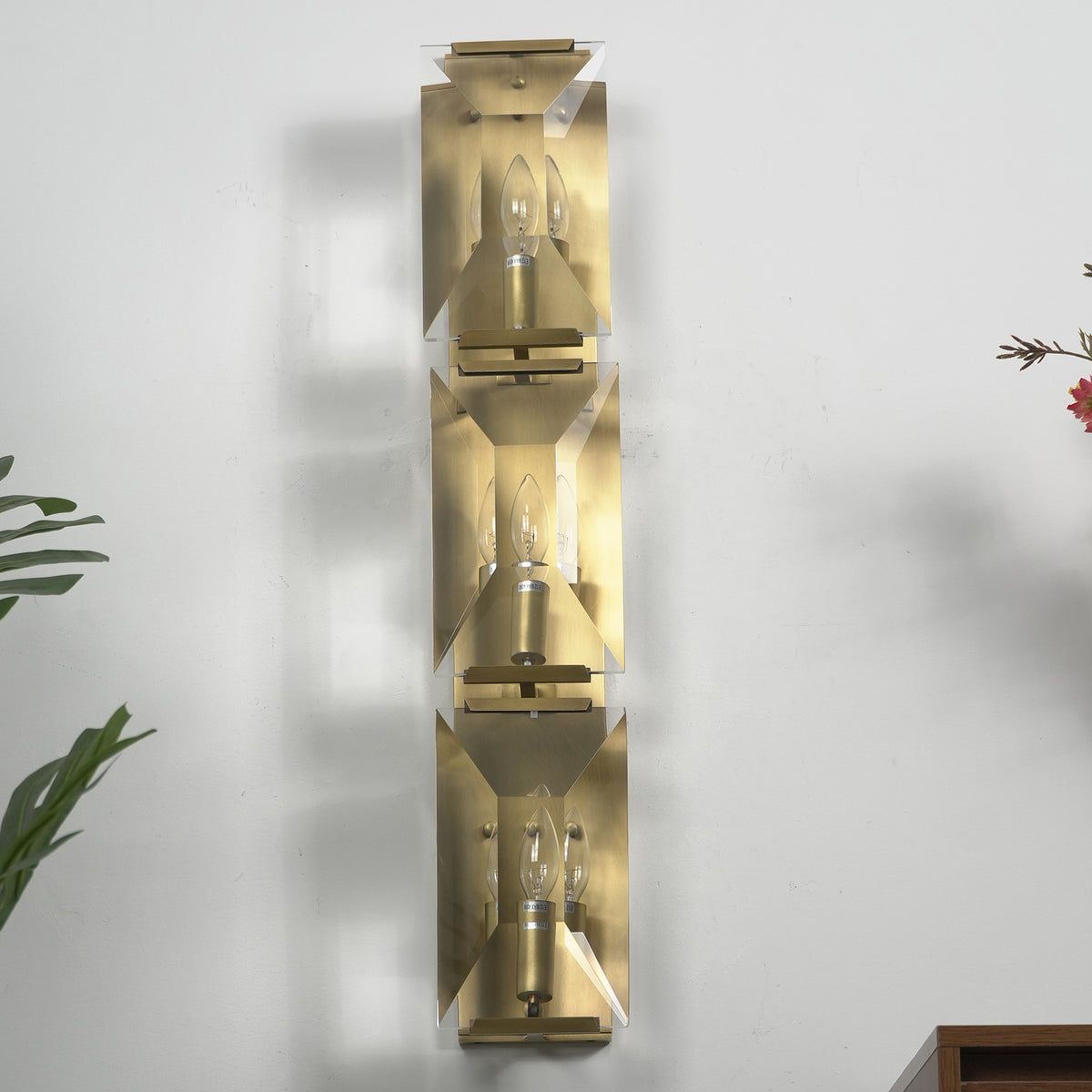 Single-headed crystal wall lamp mounted on a plain white wall with greenery nearby.