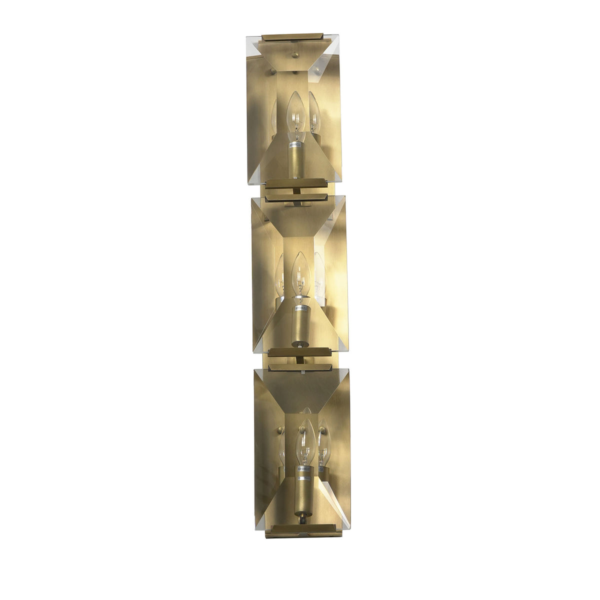 Front view of the three-headed crystal wall lamp with black frame, isolated on a white background.