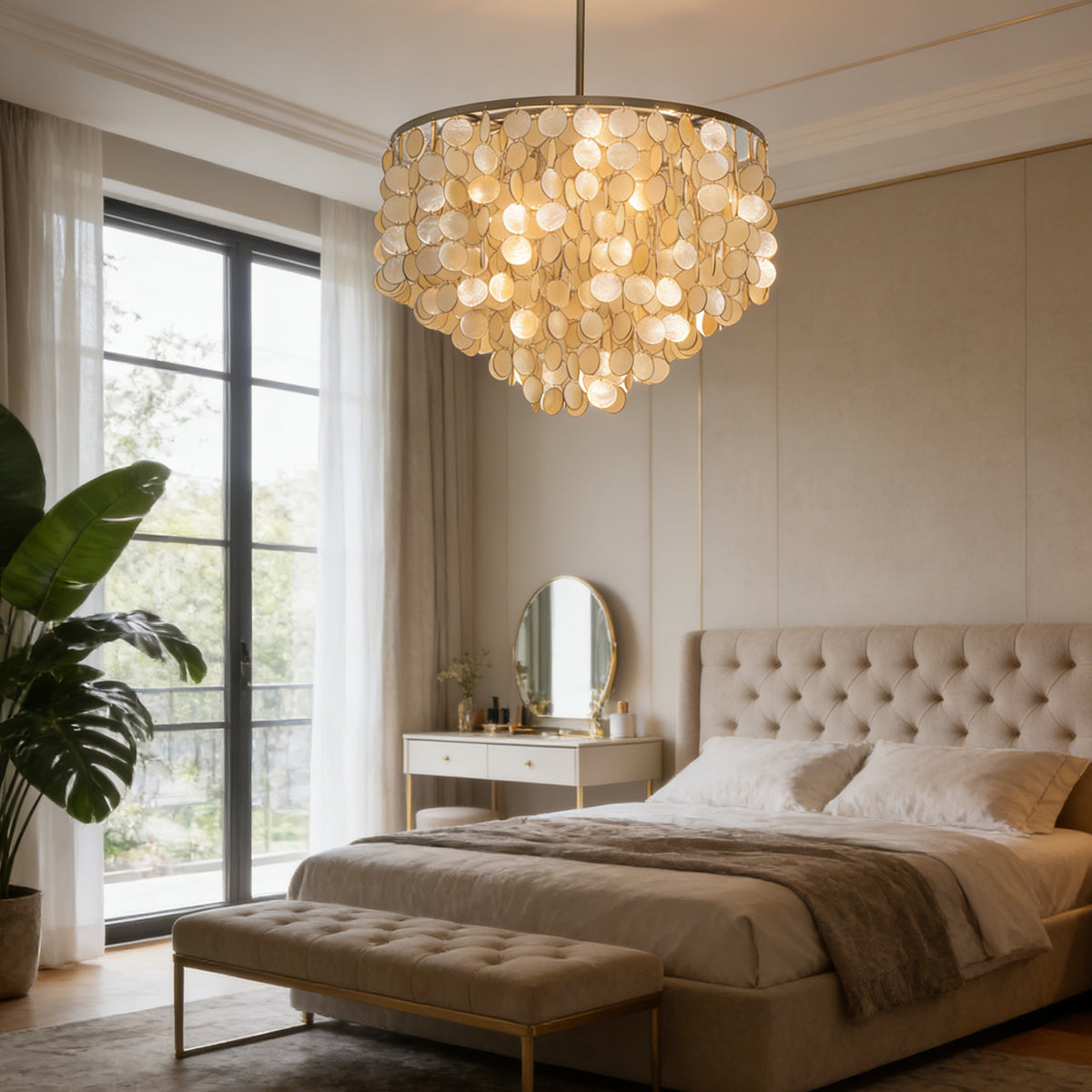 Tiered capiz shell chandelier hanging above a tufted bed in a bright modern bedroom.