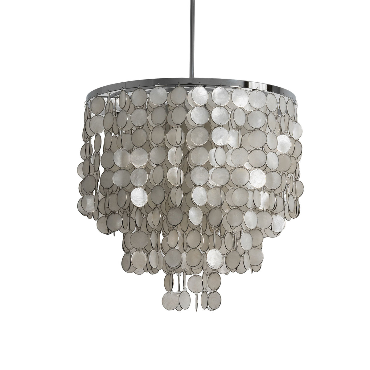 Tiered natural capiz shell chandelier with cascading shell discs, isolated on a plain white background.