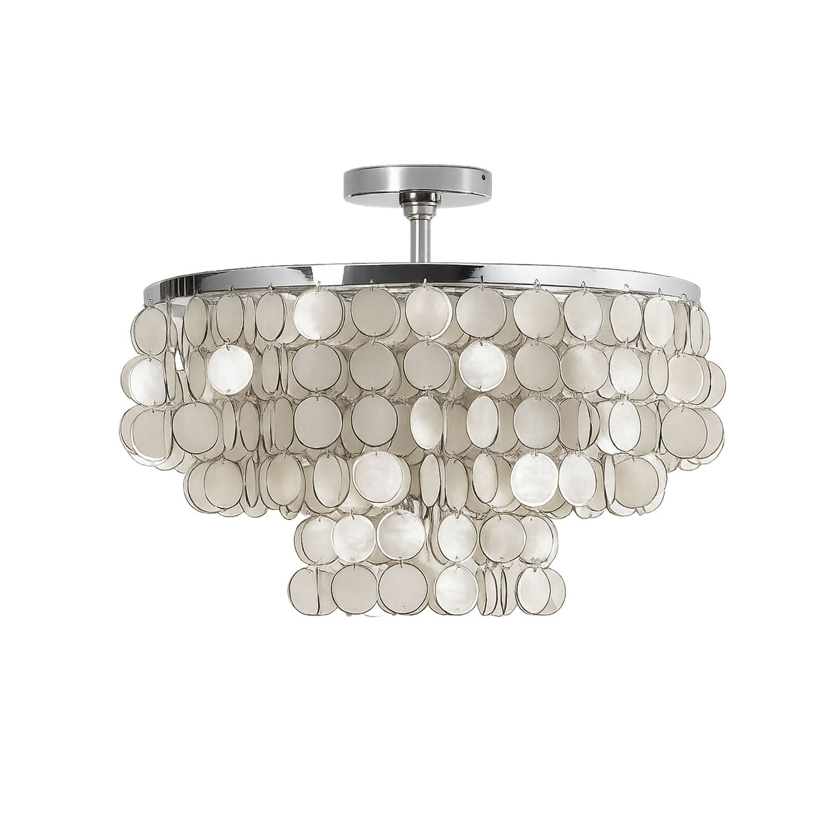 Tiered shell disc ceiling light with cascading natural capiz shells, isolated on a plain white background.
