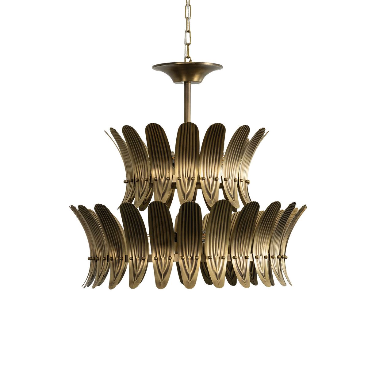 Vintage brass leaf eight-light chandelier isolated on a plain white background.