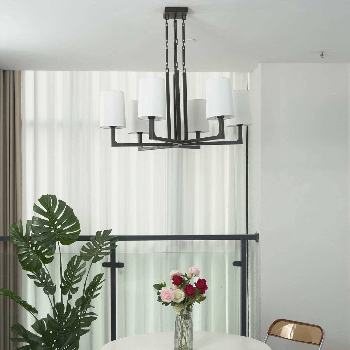 Front view of the Wright-inspired round chandelier against a plain white background, showing its symmetrical design.
