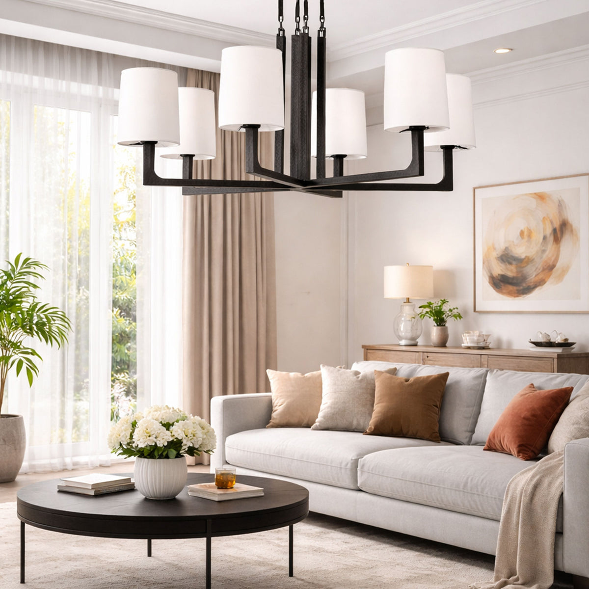 Wright-inspired round chandelier in a bright Scandinavian-style living room with neutral tones.