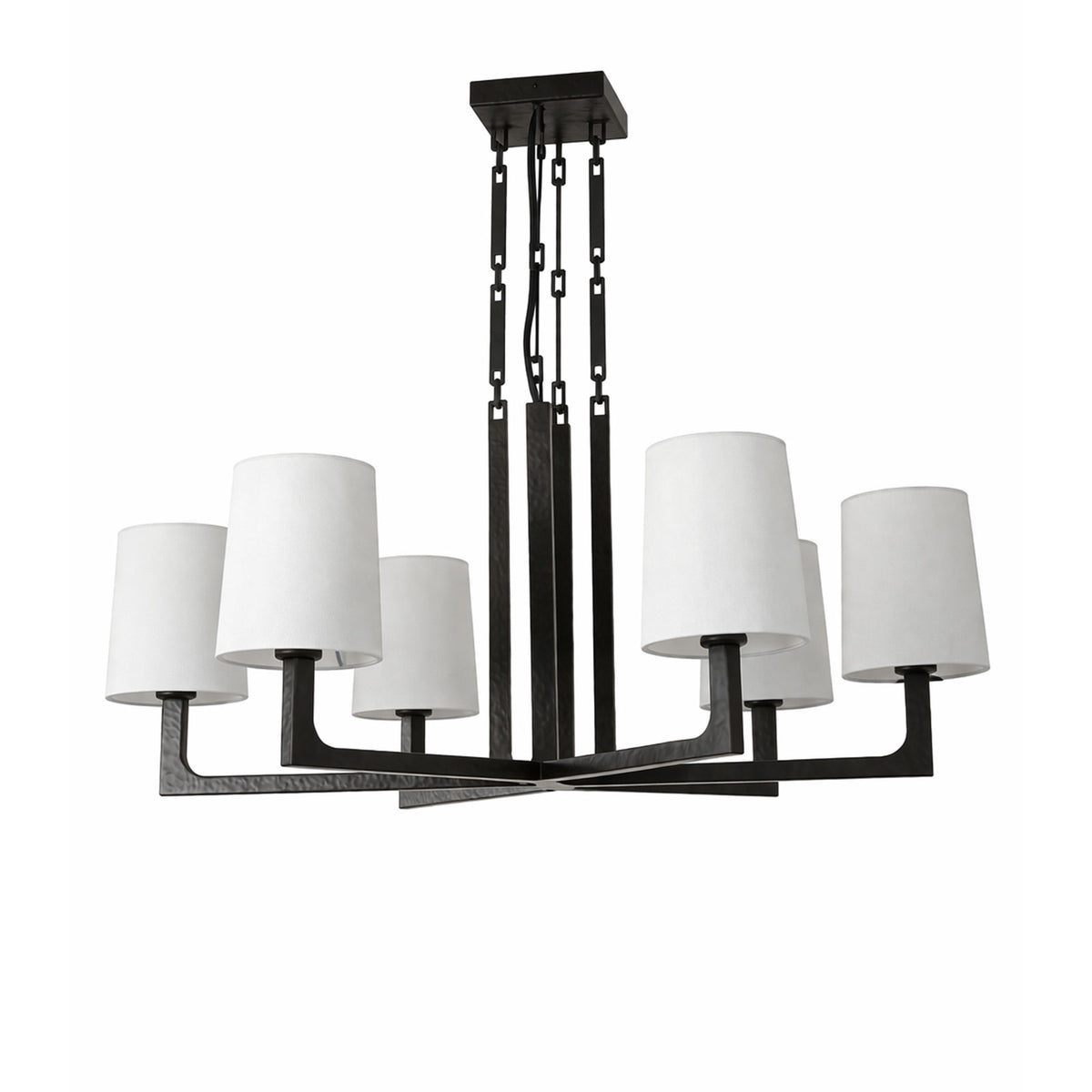 Wright-inspired round chandelier with black metal arms and white fabric shades, isolated on a plain white background.