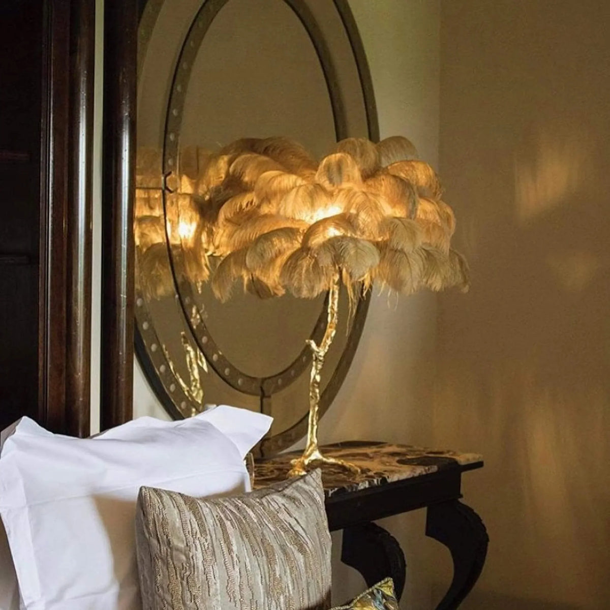 Metavaya Table lamp Dia 65cm x H 70cm / Polished brass / Old gold Ostrich Feather Table Lamp 323232414514 M2021121405-5 Shop Ostrich Feather Table Lamp Online