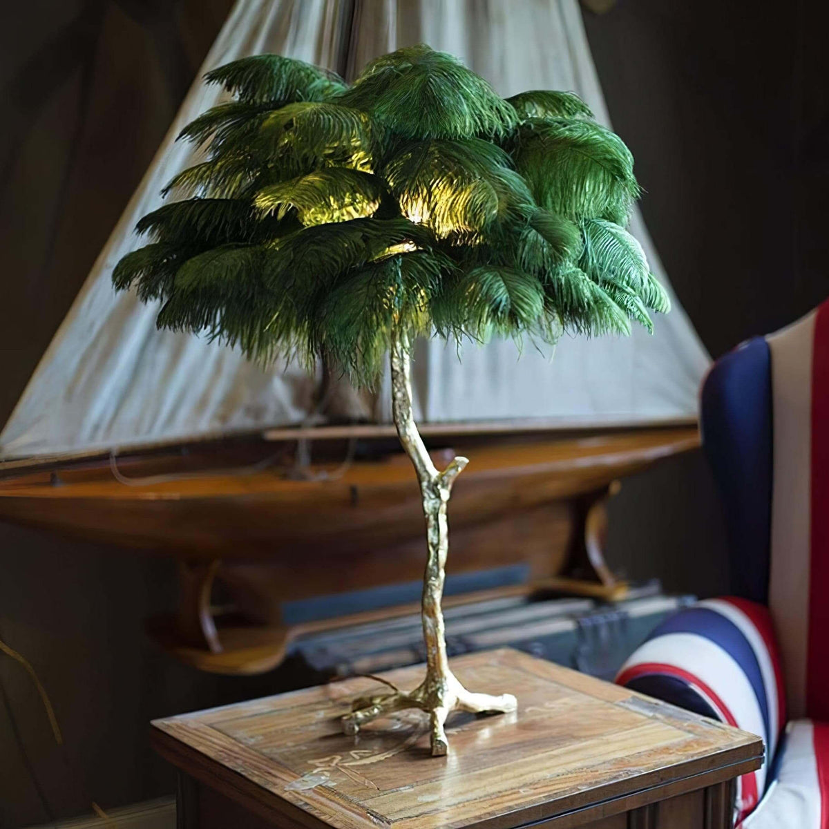 Metavaya Table lamp Dia 65cm x H 70cm / Polished brass / Ivy green Ostrich Feather Table Lamp 323232414521 M2021121405-6 Shop Ostrich Feather Table Lamp Online