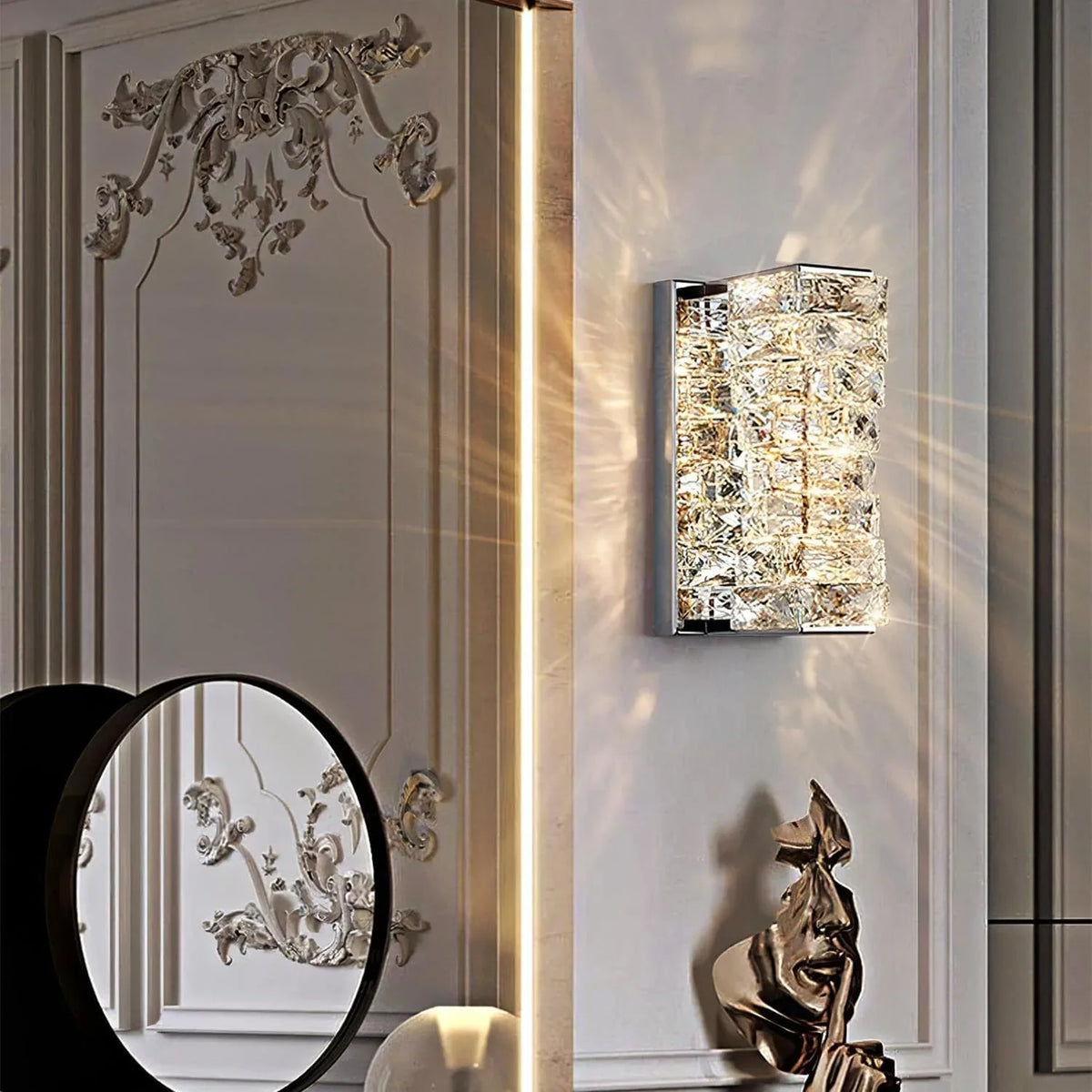 Metavaya Wall lamp Dia 12cm x H 26cm / Chrome / Warm White Laminated Crystal Sconce 360192149407 M2022112302-3 Buy Laminated Crystal Sconce Online in USA/Canada