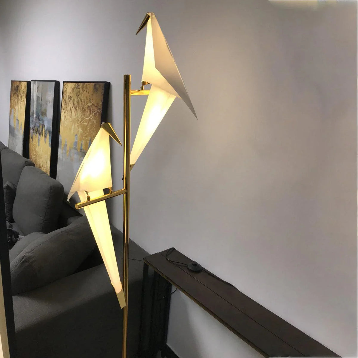 Modern gold floor lamp with origami bird shades, stylish living room lighting