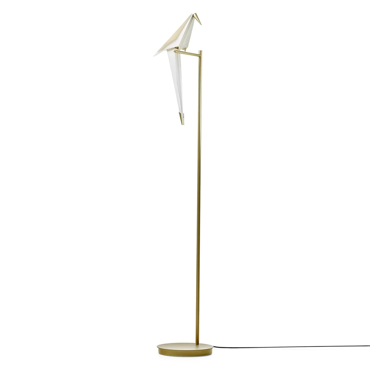 Modern gold floor lamp with origami-style white shade, sleek design for contemporary lighting