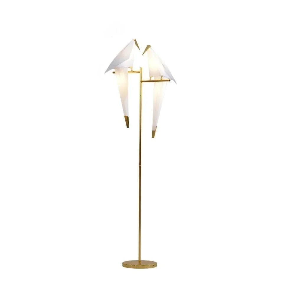Modern gold floor lamp with white crystal shades, stylish contemporary lighting for living room or bedroom