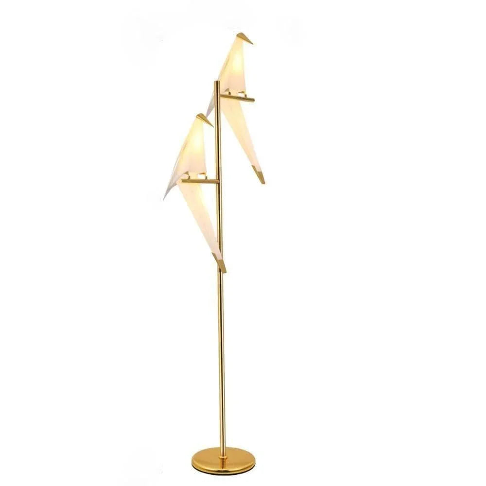 Modern gold floor lamp with bird-shaped crystal shades, stylish ambient lighting for living room decor