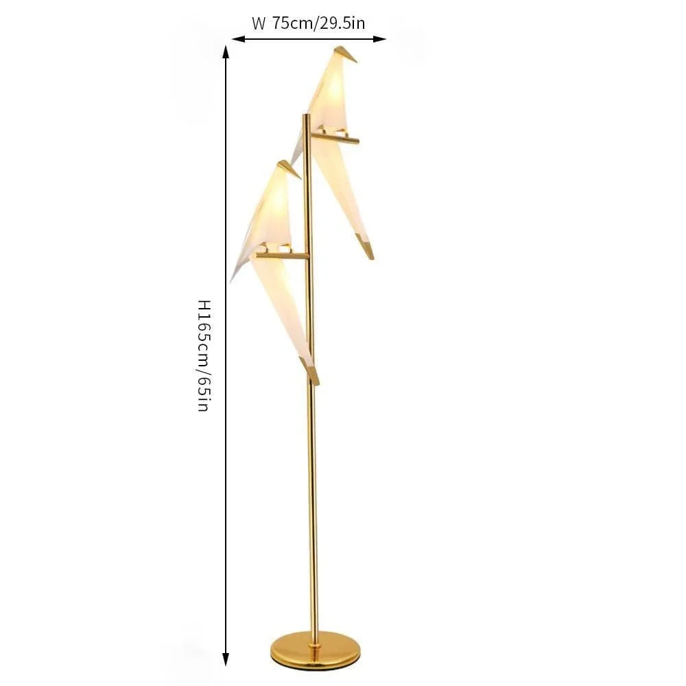 Modern gold floor lamp with bird-shaped crystal shades, 165cm tall, stylish living room lighting
