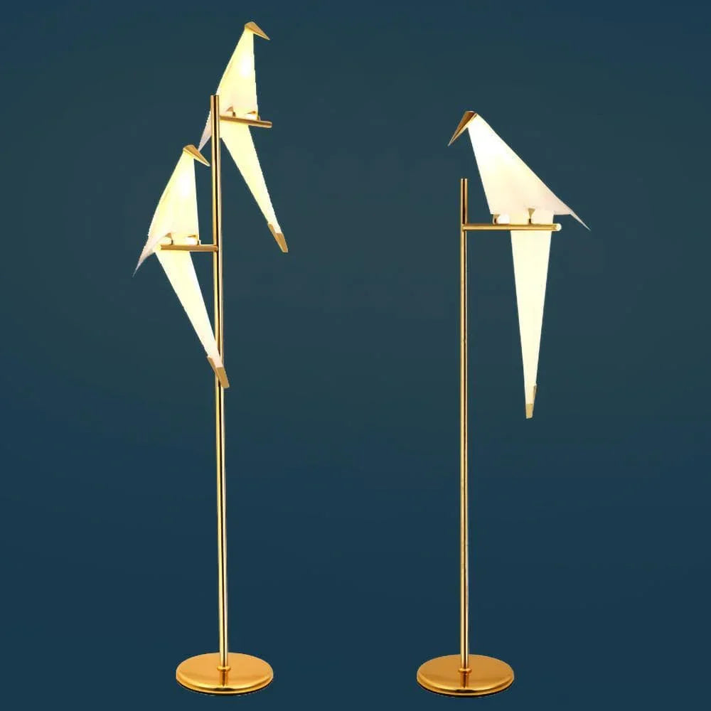 Modern gold floor lamps with bird-shaped white shades, stylish indoor lighting for living room or bedroom