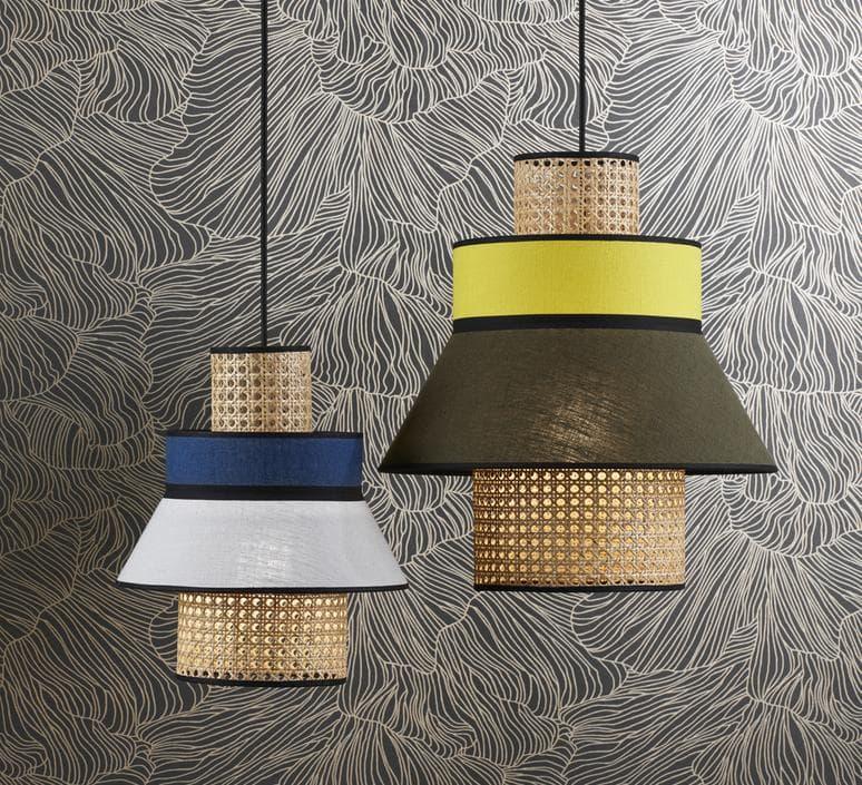 Modern pendant lights with woven rattan and bold color accents, stylish ceiling fixtures for contemporary interiors