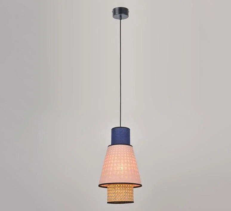 Modern pendant light with blue top, pink textured shade, and crystal base for stylish home lighting