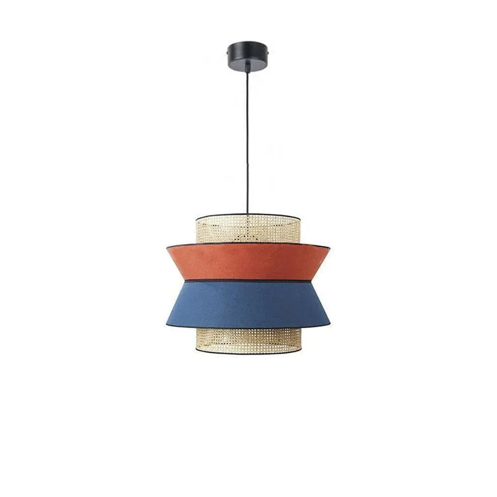 Modern layered pendant light with woven and fabric shades in orange, blue, and natural tones