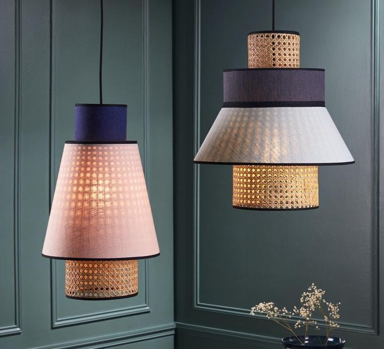 Modern layered pendant lights with woven rattan and fabric shades, stylish home lighting