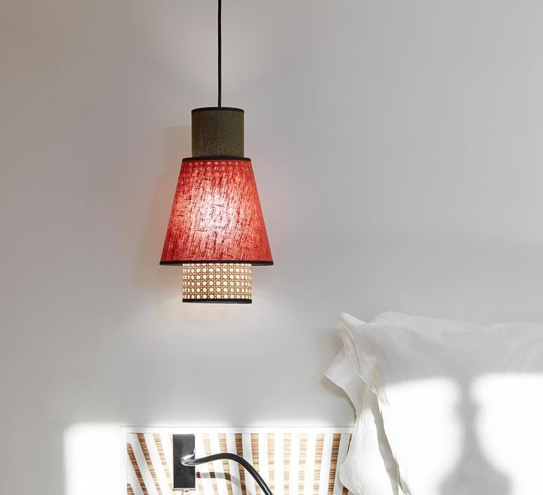 Red fabric pendant light with woven base, modern bedroom lighting fixture